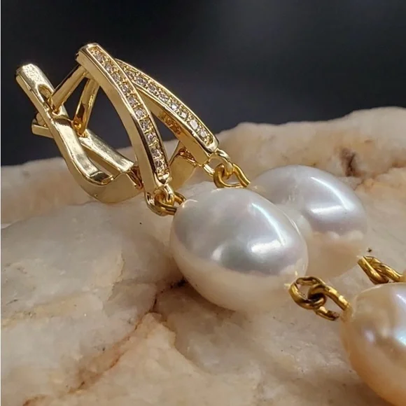Gold Plated Genuine Freshwater Pearl Earrings with White Topaz Stones - Picture 7 of 7